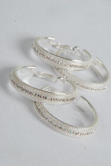 Earrings Hoop Silver Mesh Rhinestone Post / 12 pair = Dozen Silver , Post , Size - 1.75" Wide , Earring Card & OPP bag & UPC Code 