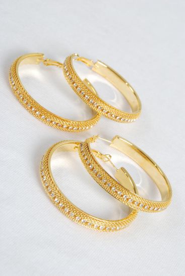 Earrings Hoop Mesh Gold Rhinestone Post / PC Gold , Post , Size - 2" Wide , Earring Card & OPP Bag & UPC Code 