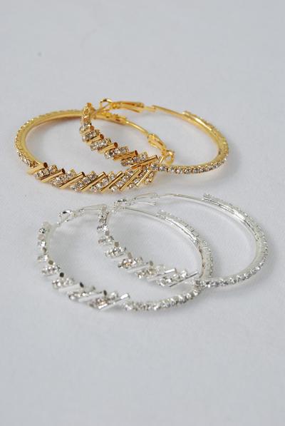 Earring Boutique Loop Rhinestones / PC Post , Size - 2" Wide , Earring Card & OPP Bag & UPC Code , Choose Gold Or Silver Finishes 
