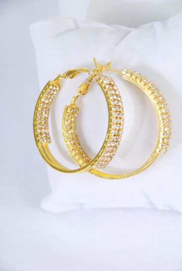 Earrings Hoop Gold Rhinestones / PC  Gold ,Post , Size - 1.5" Wide , Earring Card & OPP Bag & UPC Code