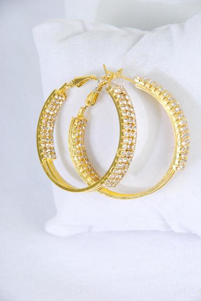 Earrings Hoop Gold Rhinestones / PC  Gold ,Post , Size - 1.5" Wide , Earring Card & OPP Bag & UPC Code