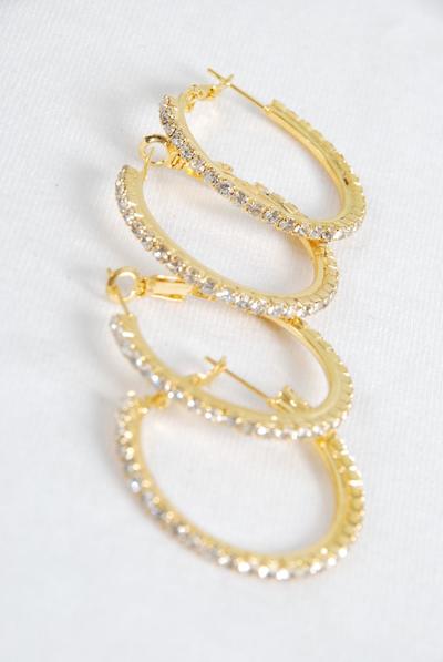Earrings Hoop Rhinestones Gold Post / PC  Post , Size - 1" Wide , Black Velvet Earring Card & OPP Bag & UPC Code 