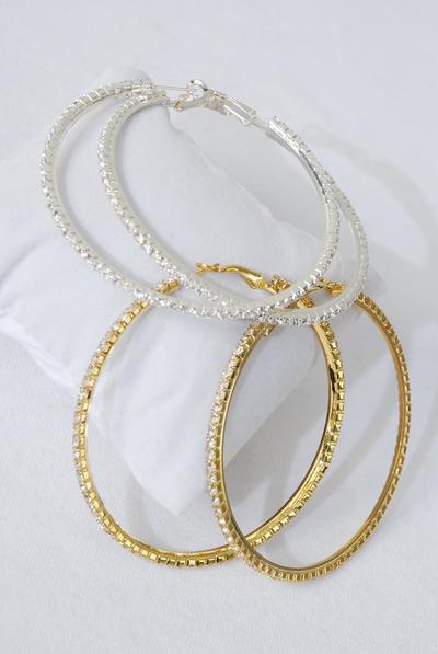 Earrings Hoop Rhinestone Post / 12 Pair = Dozen Post , Size - 2.5" Wide , Earring Card & OPP Bag & UPC Code  , Choose Gold or Silver Finish  