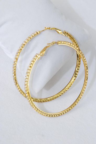 Earrings Hoop Rhinestone Gold Post / 12 Pair = Dozen Gold , Post , Size - 2.5" Wide , Earring Card & OPP Bag & UPC Code 