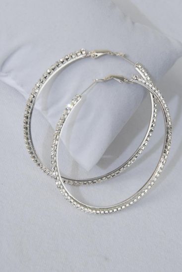 Earrings Hoop Rhinestone Silver Post / 12 Pair = Dozen Silver , Post , Size - 2.5" Wide , Earring Card & OPP Bag & UPC Code 