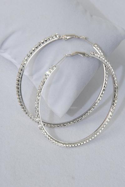 Earrings Hoop Rhinestone Post / 12 Pair = Dozen Post , Size - 2.75" Wide , Choose Gold Or Silver Finises , Earring Card & OPP Bag & UPC Code 