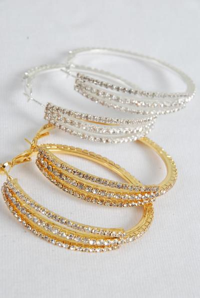 Earring Boutique Loop Rhinestones / PC Post , Size - 1.75" Wide , Earring card & OPP Bag & UPC Code , Choose Gold Or Silver Finishes 