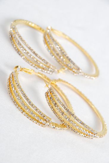 Earrings Hoop Rhinestones Gold / PC Gold , Size - 1.75" Wide , Earring Card & OPP Bag & UPC Code 