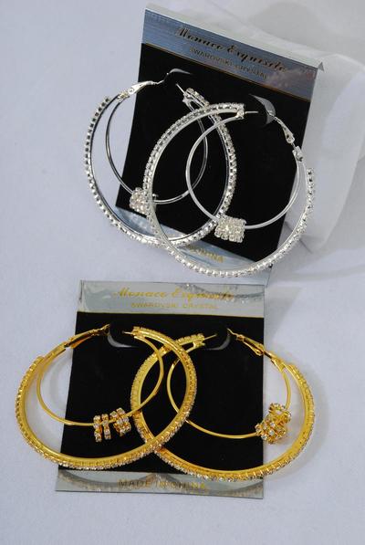 Earrings Double Loops Moving Rhinestone Post / 12 pcs = Dozen Post , Size - 2.25" Wide , Choose Gold Or Silver Finish , Black Velvet Earring CBrd & OPP Bag & UPC Code 