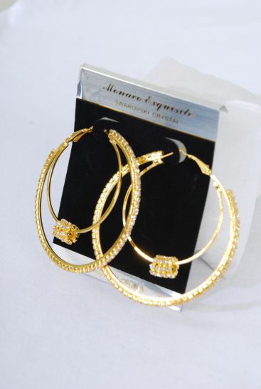 Earrings Double Loops Moving Rhinestone Gold Post / PC Gold , Post , Size - 2.25" Wide , Earring card & OPP Bag & UPC Code 