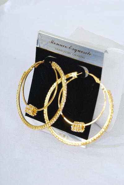 Earrings Double Loops Moving Rhinestone Post / PC Post , Size - 2.25" Wide , Choose Gold Or Silver Finish , Black Velvet Earring CBrd & OPP Bag & UPC Code 