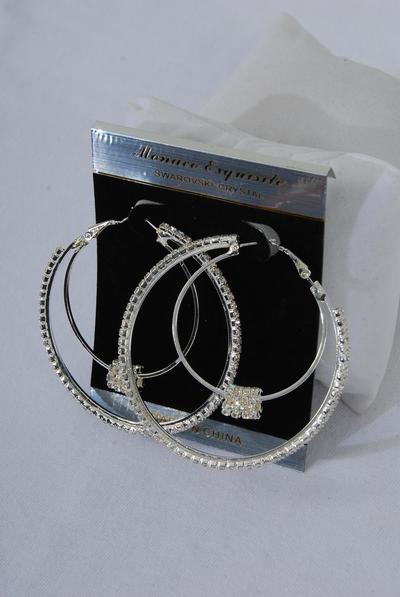Earrings Double Loops Moving Rhinestone Post / PC Post , Size - 2.25" Wide , Choose Gold Or Silver Finish , Black Velvet Earring CBrd & OPP Bag & UPC Code 