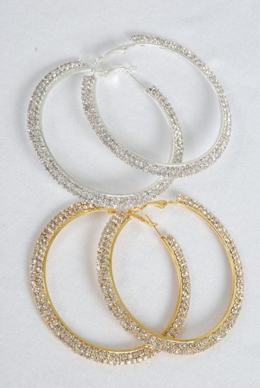 Earrings Hoop Double Row Rhinestone Post / PC Post , Size - 2.25" Wide , Black Velvet Earring Crad & OPP Bag & UPC Code , Choose Gold Or Silver Finish