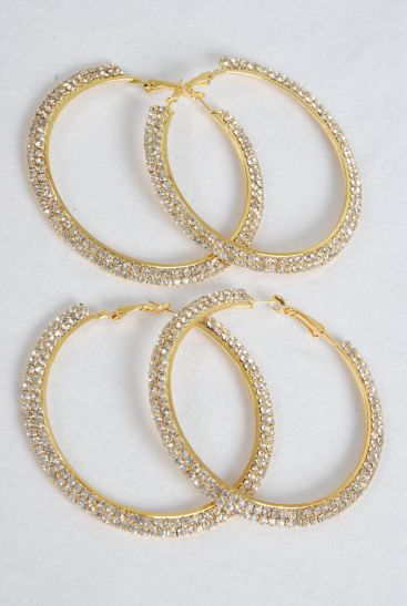 Earrings Hoop Double Row Rhinestone Gold Post / PC Gold , Post , Size - 2.25" Wide , Black Velvet Earring Crad & OPP Bag & UPC Code