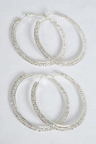 Earrings Hoop Double Row Rhinestone Silver Post / PC Silver, Post , Size - 2.25" Wide ,  Black Velvet Earring Crad & OPP Bag & UPC Code