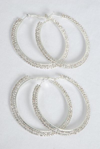 Earrings Hoop Double Row Rhinestone Post / 12 pair = Dozen Post , Size - 2.25" Wide , Black Velvet Earring Crad & OPP Bag & UPC Code , Choose Gold Or Silver Finish