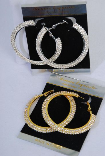 Earrings Hoop Double Row Rhinestone Post / PC Post , Size - 1.5" Wide , Earring Card & OPP Bag & UPC Code ,  Choose Gold Or Silver Finish