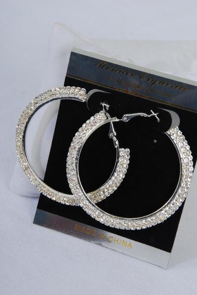 Earrings Hoop Double Row Rhinestone Post / PC Post , Size - 1.5" Wide , Earring Card & OPP Bag & UPC Code ,  Choose Gold Or Silver Finish