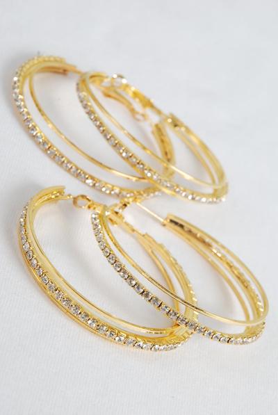 Earrings Hoop Rhinestone Post / 12 Pair = Dozen Post , Size - 2" Wide , Earring Card & OPP Bag & UPC Code , Choose Gold Or Silver Finish