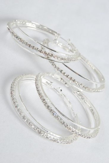 Earrings Hoop Silver Rhinestone Post / 12 Pair = Dozen Silver , Post , Size - 2" Wide , Earring Card & OPP bag & UPC Code 
