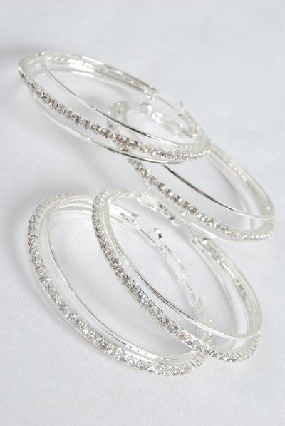 Earrings Hoop Rhinestone Post / 12 Pair = Dozen Post , Size - 2" Wide , Earring Card & OPP Bag & UPC Code , Choose Gold Or Silver Finish