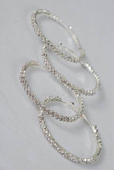 Earrings Hoop Rhinestones / PC  Post , Size - 2" Wide , Earring Card & OPP Bag & UPC Code , Choose Gold Or Silver Finishes  