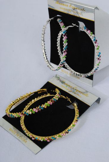Earrings Hoop Color Rhinestones / PC Post , Size - 2.25" Wide , Earring Card & OPP Bag & UPC Code ,  Choose Gold Or Silver Finishes  