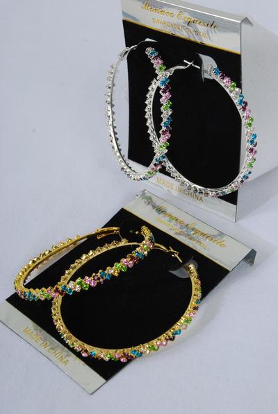 Earrings Hoop Color Rhinestones / PC Post , Size - 2.25" Wide , Earring Card & OPP Bag & UPC Code ,  Choose Gold Or Silver Finishes  