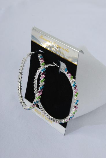 Earrings Hoop Silver Color Rhinestones / PC Silver , Size - 2.25" Wide , Velvet Earring Card & OPP Bag & UPC Code 