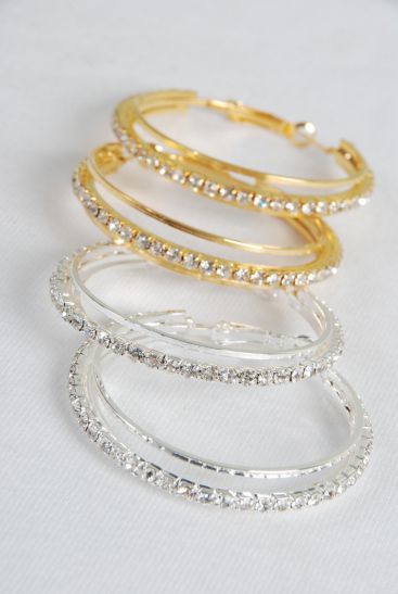 Earrings Hoop Rhinestone Post / 12 Pair = Dozen Post , Size - 1.75" Wide , Earring Card & OPP Bag & UPC Code , Choose Gold Or Silver Finishes  