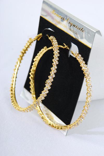 Earrings Hoop Rhinestones / PC  Post , Size - 2.5" Wide , Earring Card & OPP Bag & UPC Code , Choose Gold Or Silver Finishes 