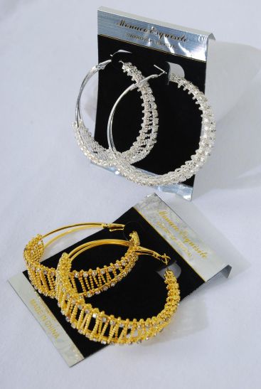 Earrings Hoop Rhinestone Mesh Post / PC  Post , Size - 2" Wide , Earring Card & OPP bag & UPC Code , Choose Gold Or Silver Finish 