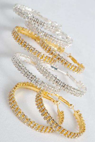 Earrings Hoop Triple Row Rhinestone Post / 12 pair = Dozen Post , Size - 2.25" Wide , Earring Card & OPP bag & UPC Code , Choose Gold Or Silver