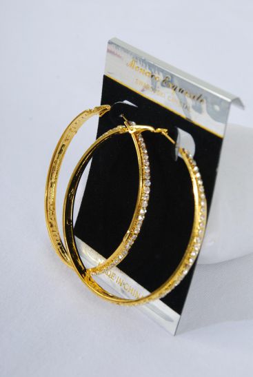 Earrings Hoop Good Rhinestones / PC  Gold , Size - 2.5" Wide , Earring Card & OPP bag & UPC Code