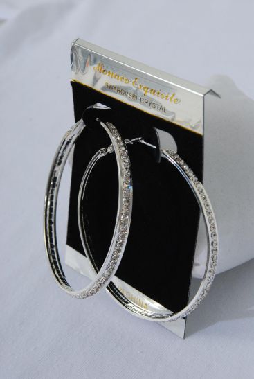 Earrings Hoop Silver Rhinestones / PC Silver , Size - 2.5" Wide , Earring Card & OPP bag & UPC Code 