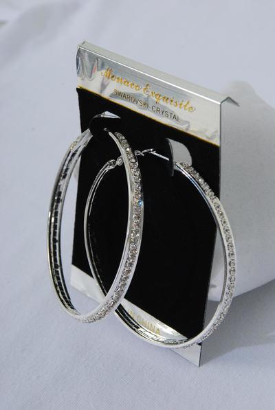 Earrings Hoop Rhinestones / PC  Size - 2.5" Wide , Earring Card & OPP bag & UPC Code , Choose Gold Or Silver Finishes   