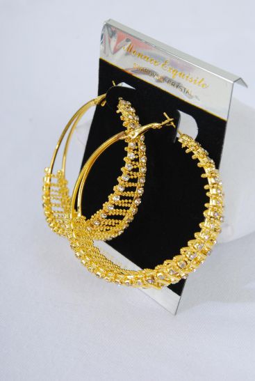 Earrings Hoop Gold Rhinestone Mesh Post / PC  Gold , Post , Size - 2" Wide , Earring Card & OPP bag & UPC Code                                                                        