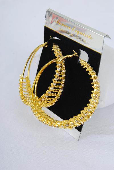 Earrings Hoop Rhinestone Mesh Post / PC  Post , Size - 2" Wide , Earring Card & OPP bag & UPC Code , Choose Gold Or Silver Finish 