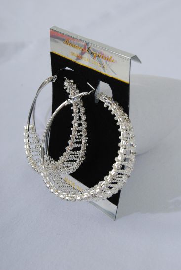 Earrings Hoop Silver Rhinestone Mesh Post / PC  Silver, Post , Size - 2" Wide , Earring card & OPP bag & UPC Code
