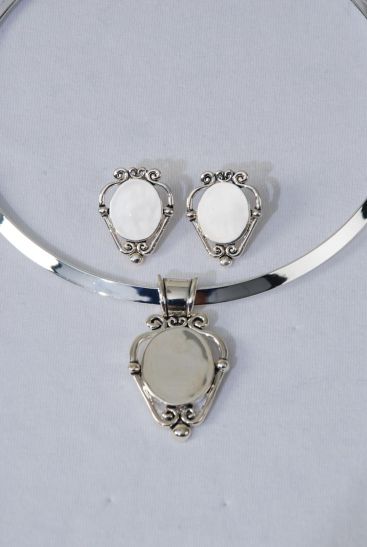 Necklace Sets Choker Flexible Oval Pendant Post Silver / 12 Sets = Dozen Silver , Post , 16" Choker , Flexible , Display Card & OPP bag & UPC Code