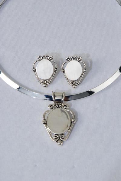 Necklace Sets Choker Flexible Oval Pendant Post Silver / 12 Sets = Dozen Silver , Post , 16" Choker , Flexible , Display Card & OPP bag & UPC Code