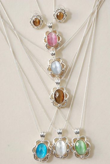 Necklace Sets Snake Chain Cat-eye Oval Pendant / Sets Pendant Size - 1.25" x 0.75" Wide , 24" chain ,  Display Card & Opp Bag & UPC Code , Choose Colors                     