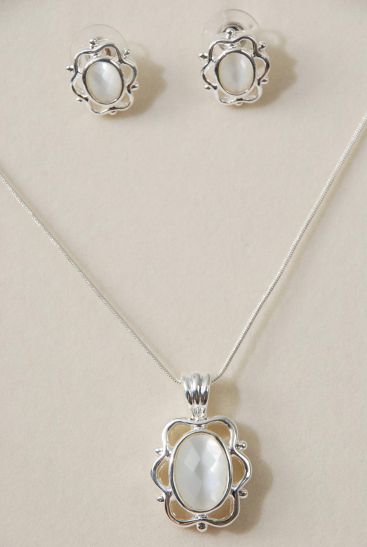 Necklace Sets Snake Chain Cat-eye Ovel Pendant White / Sets  White , Pendant Size - 1.25" x 0.75" Wide , 24" Chain,Display Card & Opp Bag & UPC Code