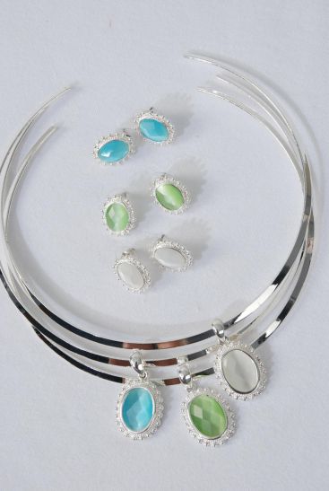 Necklace Sets Choker Flexable Oval Cateye Diamond Cut / Sets Post , Size - 16" Choker , Flexible , Display Card & OPP Bag & UPC Code , Choose Colors                            