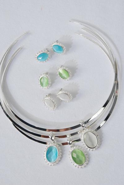 Necklace Sets Choker Oval Cateye Diamond Cut / Sets Post , Size-16" Choker , Flexible , Display Card & OPP Bag & UPC Code   , Choose Colours                            