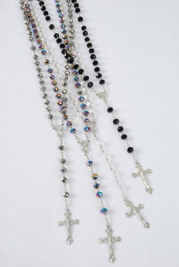 Necklace 10 mm Glass Crystal Crucifix Mother Virgin Mary Rosary / PC 32" Long , Choose Colors , Hang Tag & OPP Bag & UPC Code
