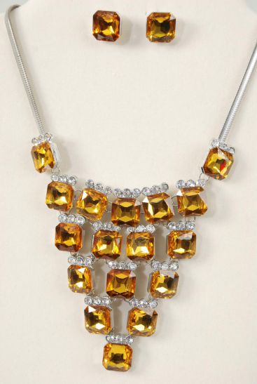 Necklace Sets Fancy Octagon Glass Rhinestones Amber / 12 sets = Dozen Amber , Post , 18" Long Extension Chain , Velvet Display Card & OPP Bag & UPC Code