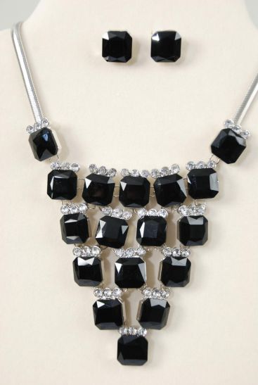 Necklace Sets Fancy Octagon Glass Rhinestones Black / Set Black , Post , 18" Long Extension Chain , Velvet Display Card & OPP Bag & UPC Code