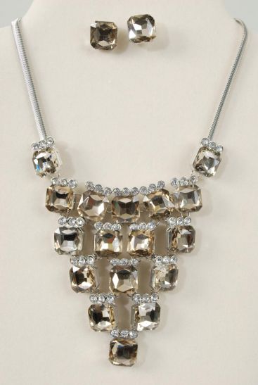 Necklace Sets Fancy Octagon Glass Rhinestones Champagne / 12 sets = Dozen Champagne , Post , 18" Long Extension Chain , Velvet Display Card & OPP Bag & UPC Code
