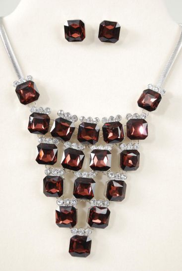 Necklace Sets Fancy Octagon Glass Rhinestones Purple / 12 sets = Dozen Purple , Post , 18" Long Extension Chain , Velvet Display Card & OPP Bag & UPC Code 